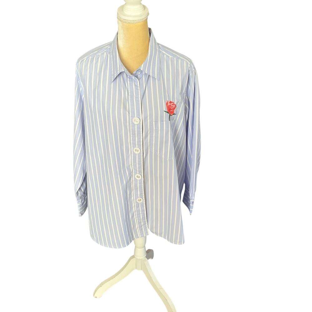 Foxcroft NYC Blue Stripe Button Up Shirt Size 20W Rose Embroidery